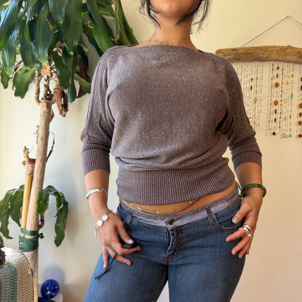 SparklyDolman Batwing Boat Neck Knit Slouchy Top Brown Y2K Tuscan Indie sleaze